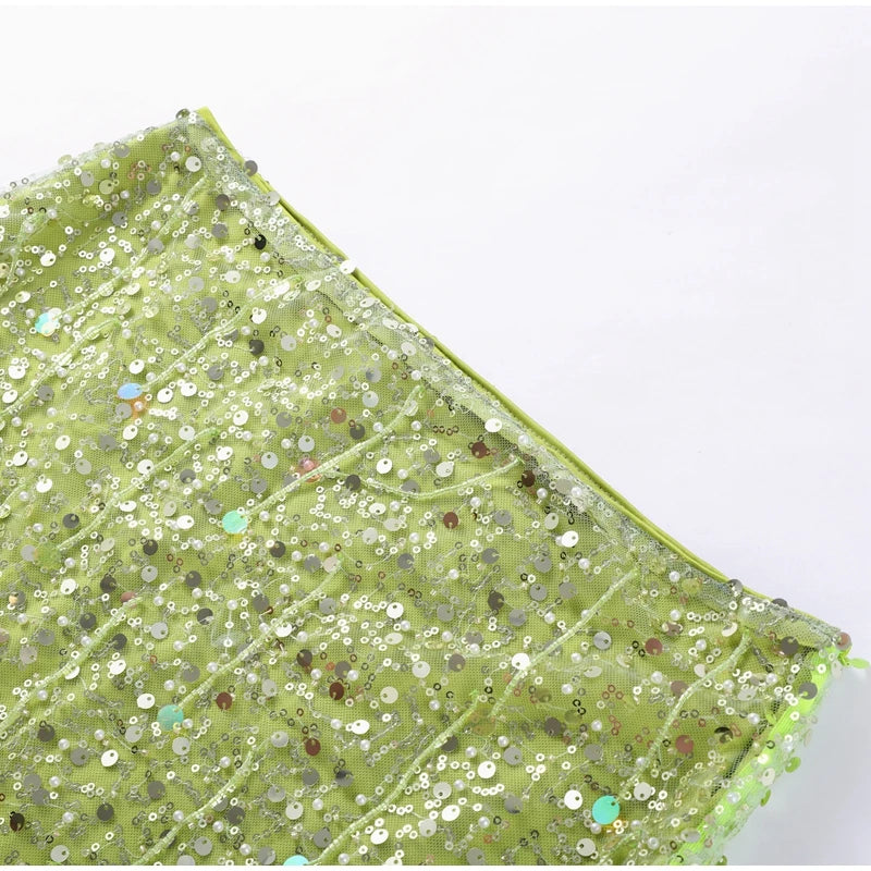 Emerald Hand Beaded Mini Skirt